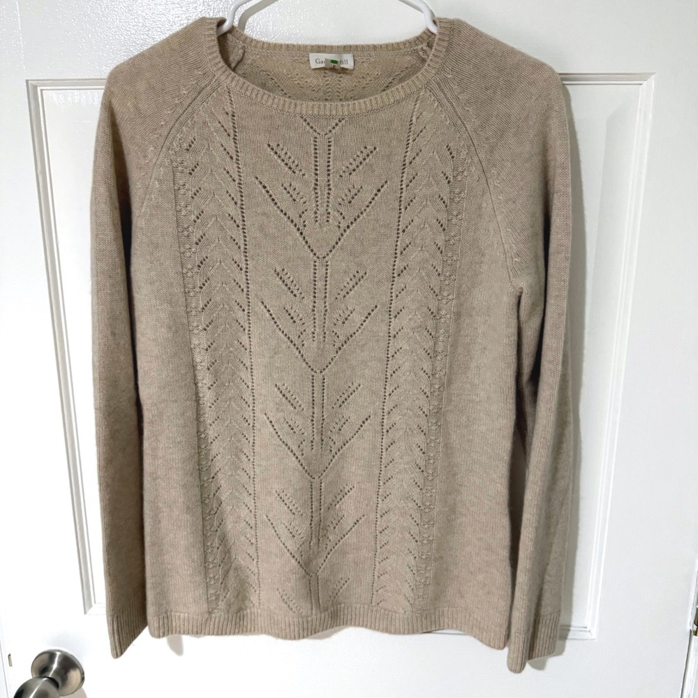 Garnet Hill 100% Cashmere Pointelle Knit Sweater Tan Oatmeal Raglan Small